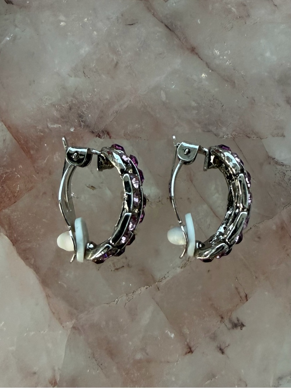 Lattice Frame Pink and Purple Rhinestone Silver Tone Bling Clip-On Earrings - Picture 5 of 7